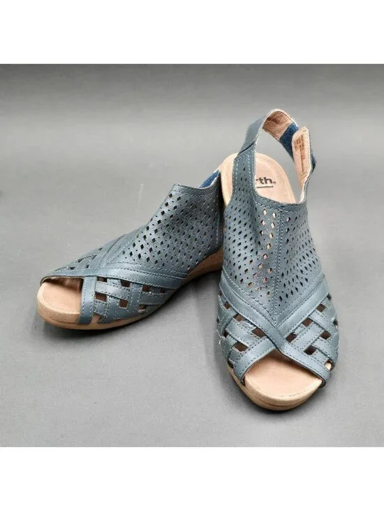 Earth Pisa Galli Blue Leather Wedge Sandals Size 7 Perforated Slingback - Picture 1 of 10
